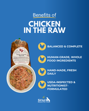 Load image into Gallery viewer, Benefits of Carolina Wild Chicken Raw Dog Food shown on blue background