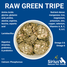 Load image into Gallery viewer, Raw green tripe in a bowl with nutritional information on a blue background, branded as Sirius Natural Pet Foods.