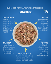 Load image into Gallery viewer, Xkaliber raw organ blend with ingredients and benefits listed on a blue background