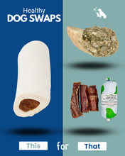 Load image into Gallery viewer, Comparison of dog chews and bones showing products with text. Instead of traditional stuffed bone, swap for green tripe cow hoof or fill trachea with green tripe.