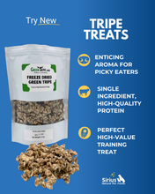 Load image into Gallery viewer, Tripe treats packaging with text on a blue background, featuring Sirius Natural Pet Foods.
