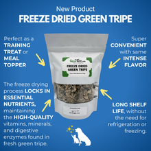 Load image into Gallery viewer, Package of freeze-dried green tripe with text highlighting its features on a blue background
