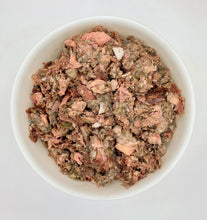 Load image into Gallery viewer, Xkaliber organ blend in a white dog food bowl; against a white background. Visible in organ blend raw. Green Tripe, beef heart, tongue, trachea &amp; ground bone
